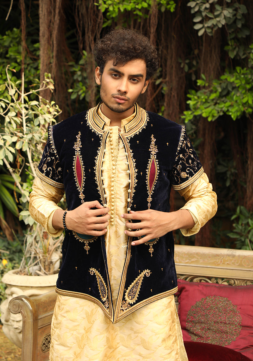 Deep Blue Embroidered Velvet Talpuri Waistcoat Suit (3-Piece) - Image 3