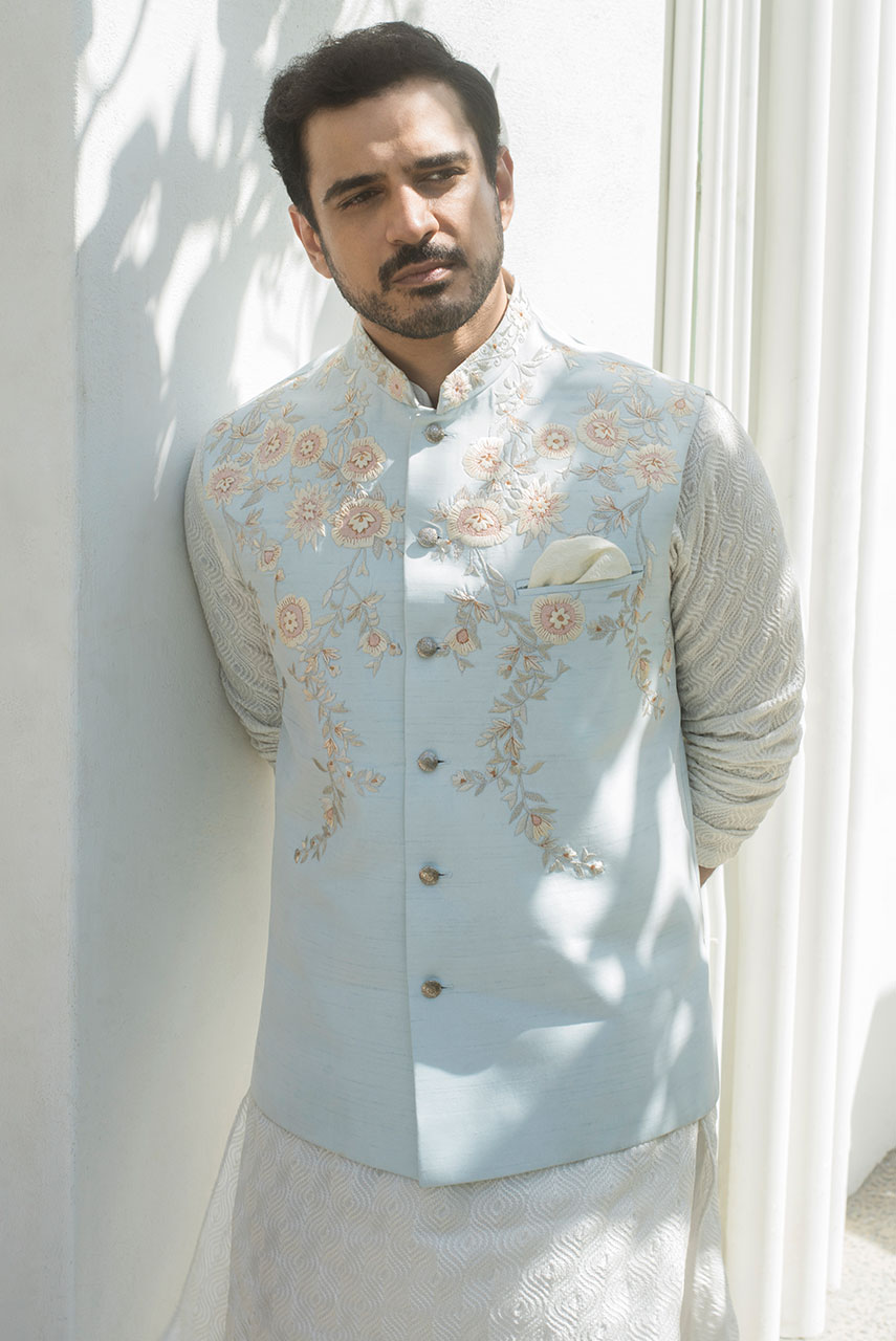 Powder Blue Embroidered Raw Silk Waistcoat (2-Piece) - Image 1