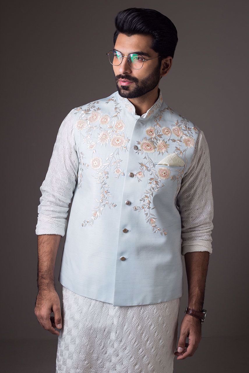 Powder Blue Embroidered Raw Silk Waistcoat (2-Piece) - Image 2