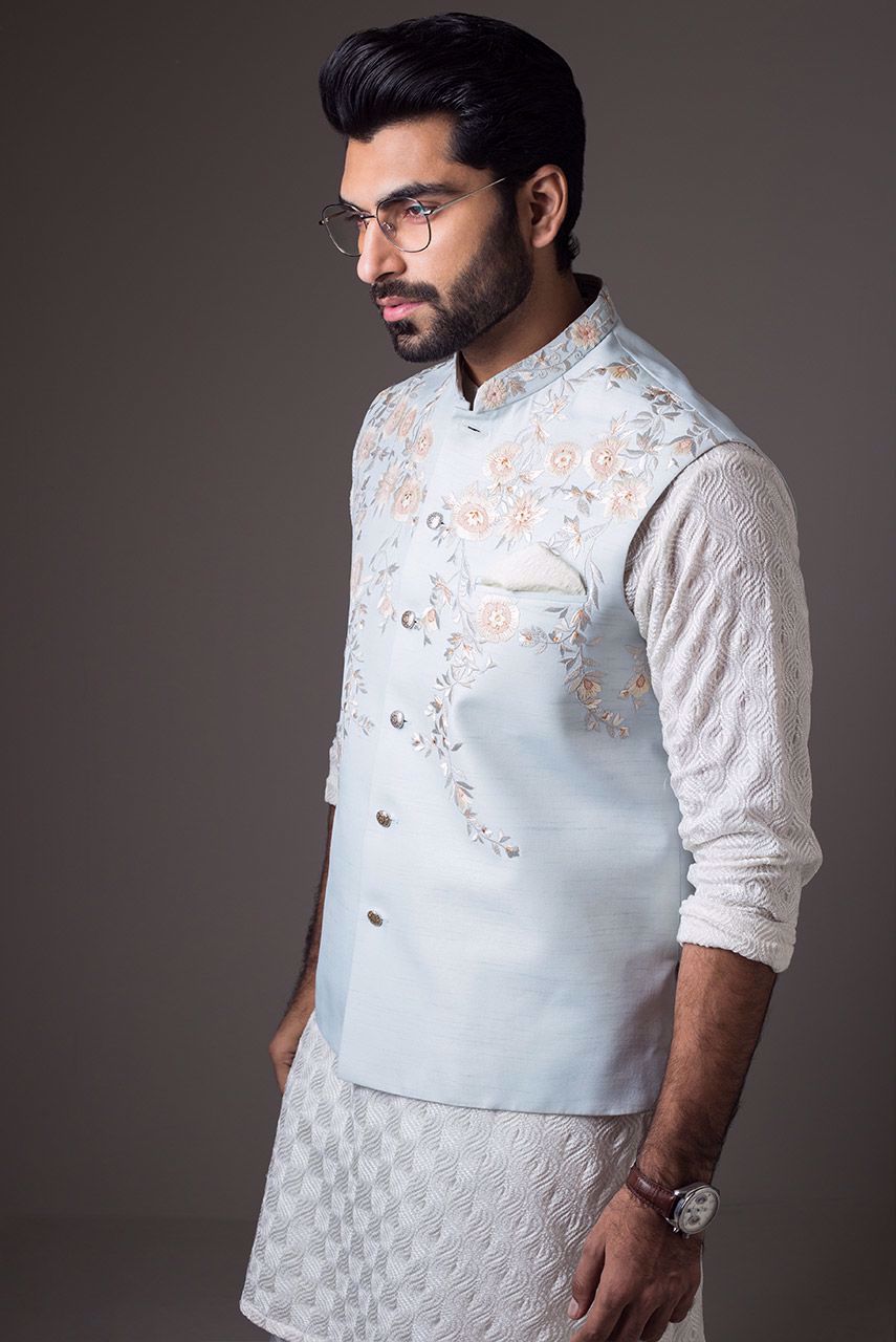 Powder Blue Embroidered Raw Silk Waistcoat (2-Piece) - Image 3