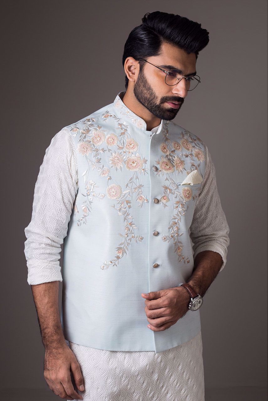 Powder Blue Embroidered Raw Silk Waistcoat (2-Piece) - Image 4