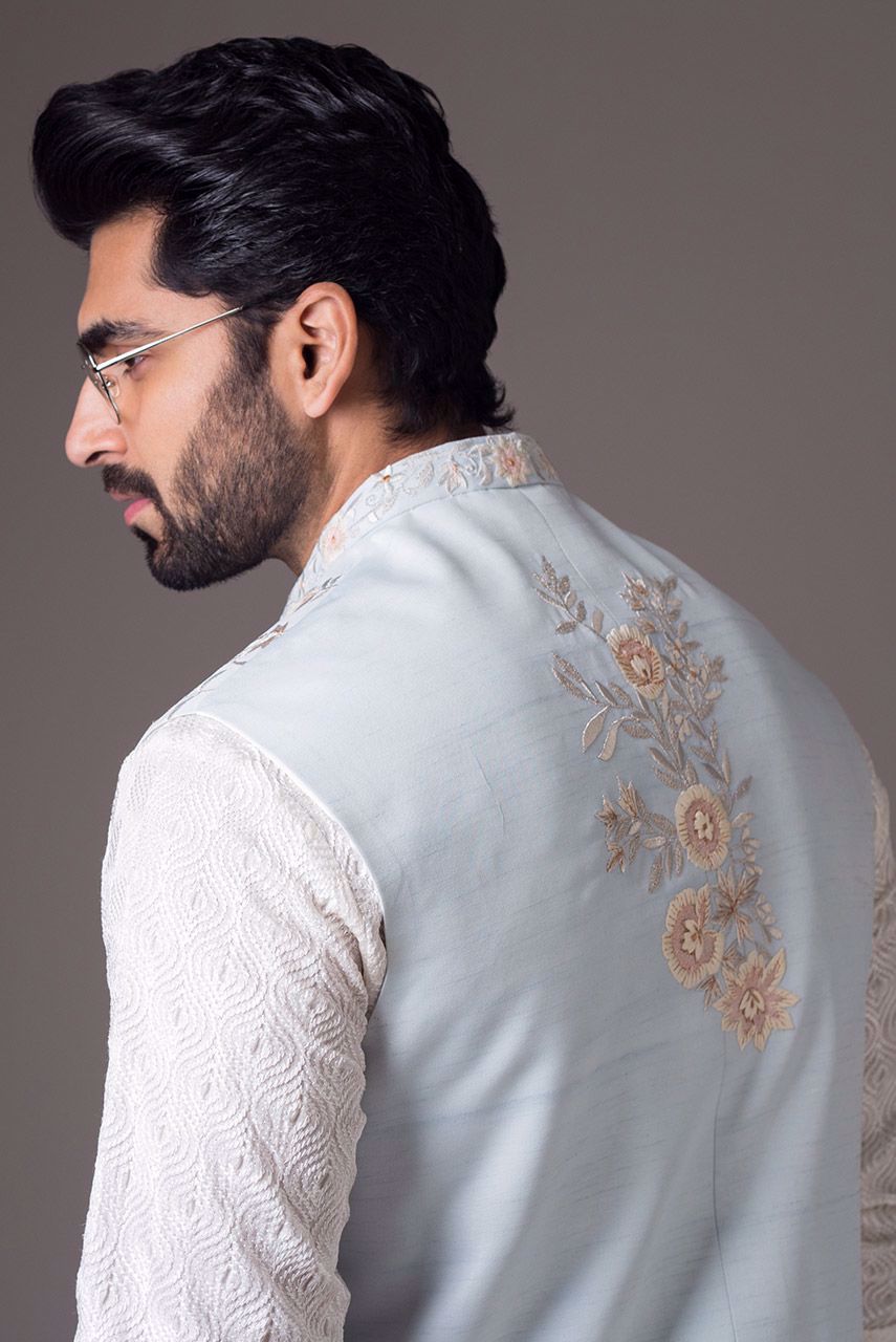 Powder Blue Embroidered Raw Silk Waistcoat (2-Piece) - Image 5