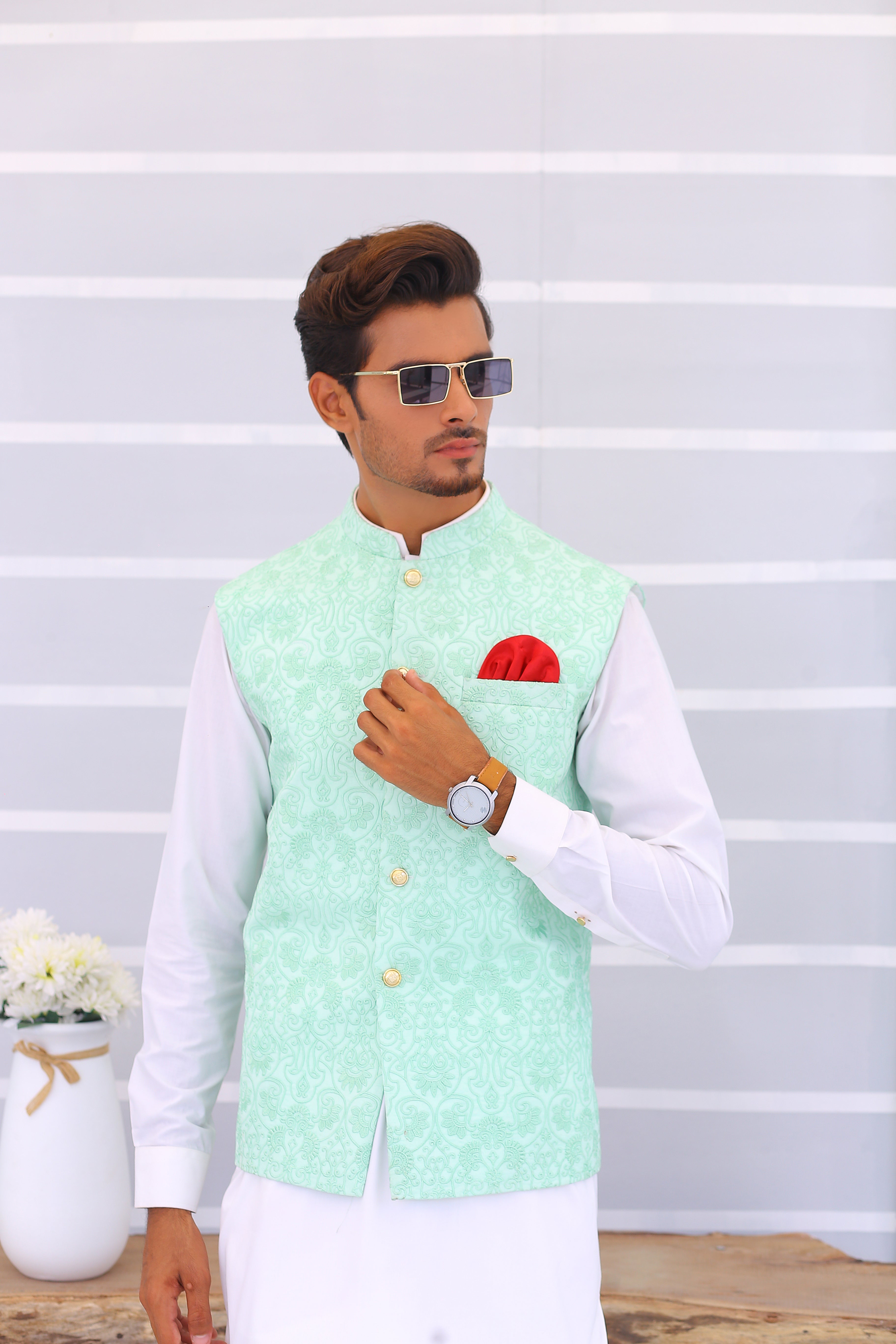 Light Blue Embroidered Waistcoat Kurta Set (3-Piece) - Image 1