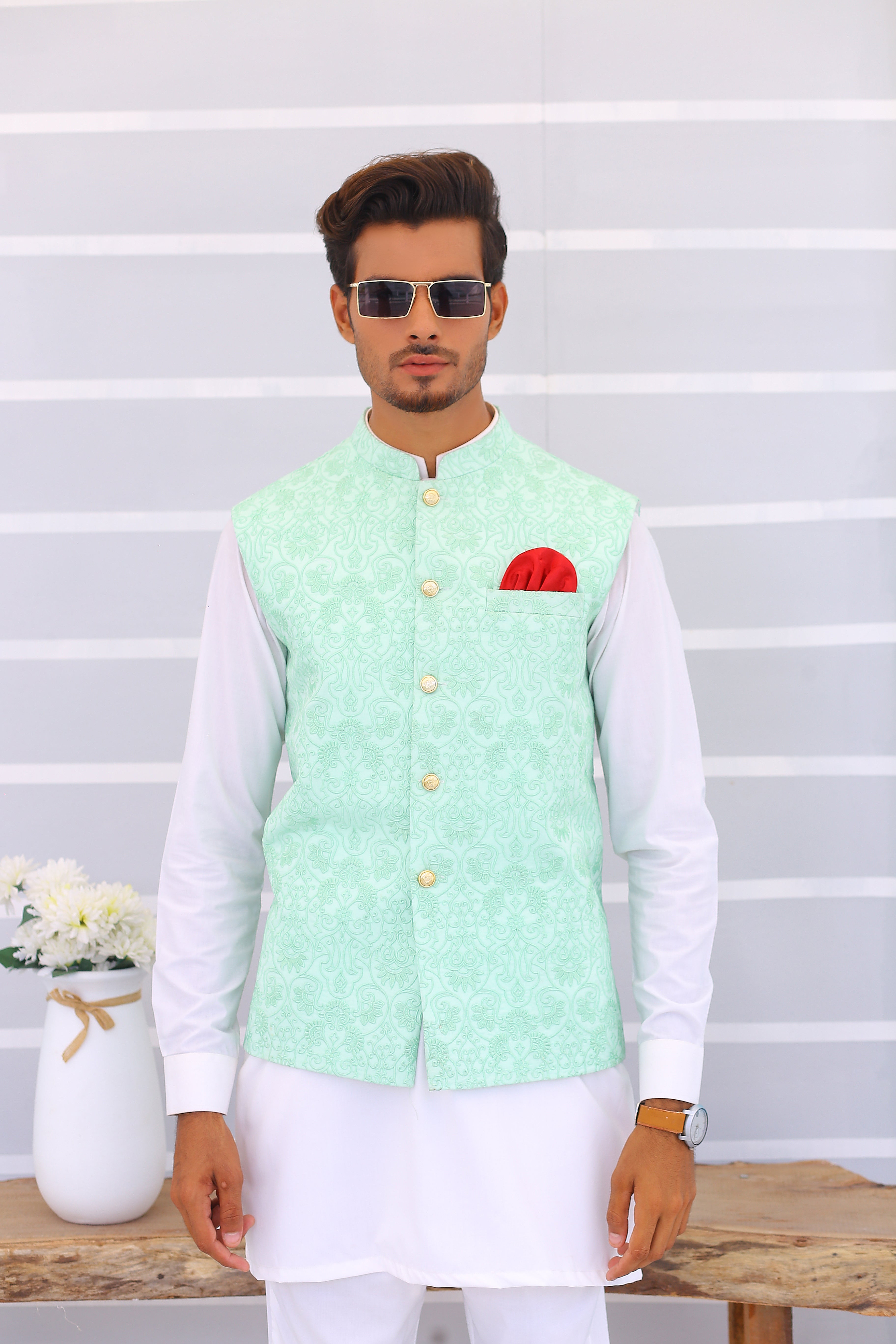 Light Blue Embroidered Waistcoat Kurta Set (3-Piece) - Image 2