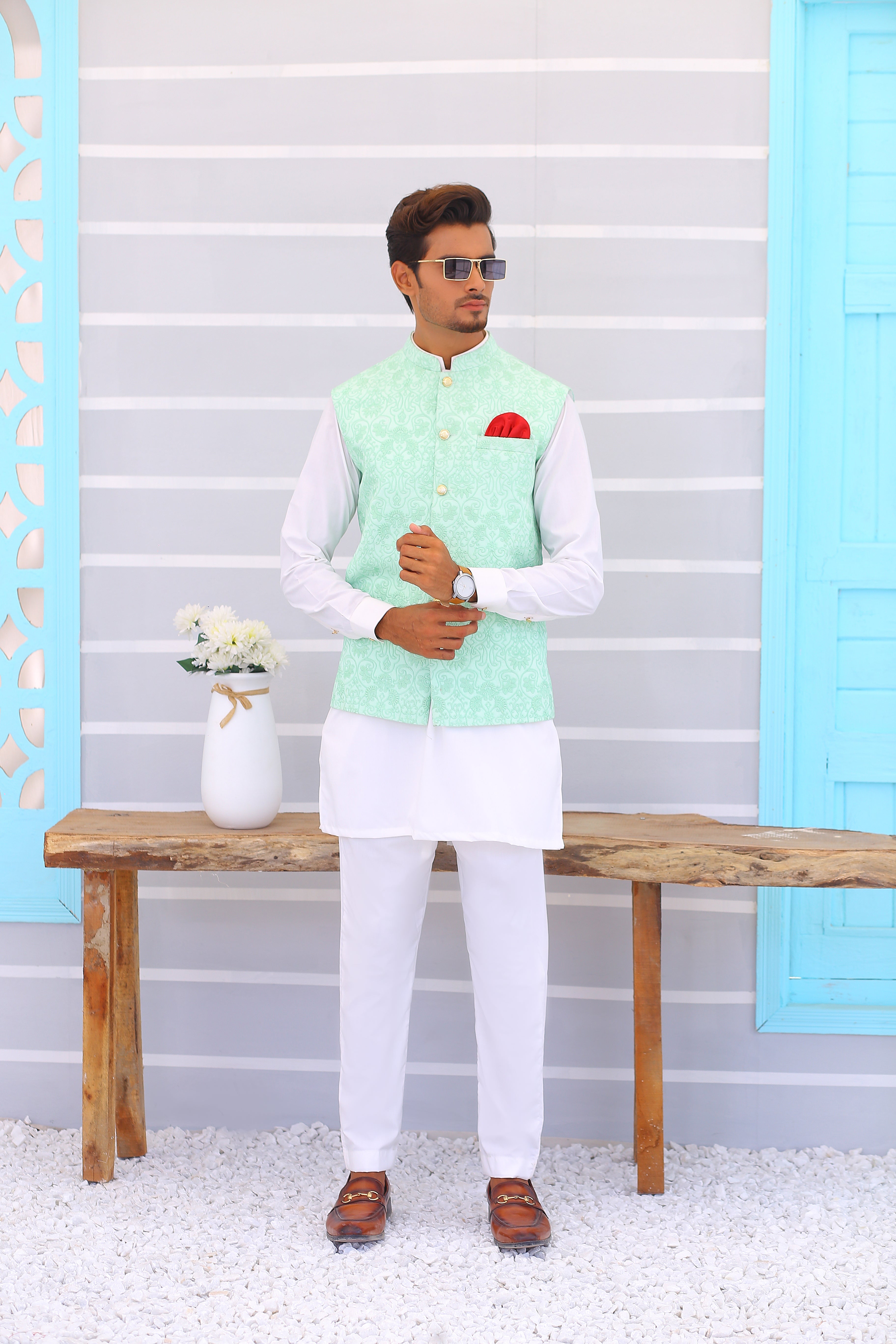 Light Blue Embroidered Waistcoat Kurta Set (3-Piece) - Image 3
