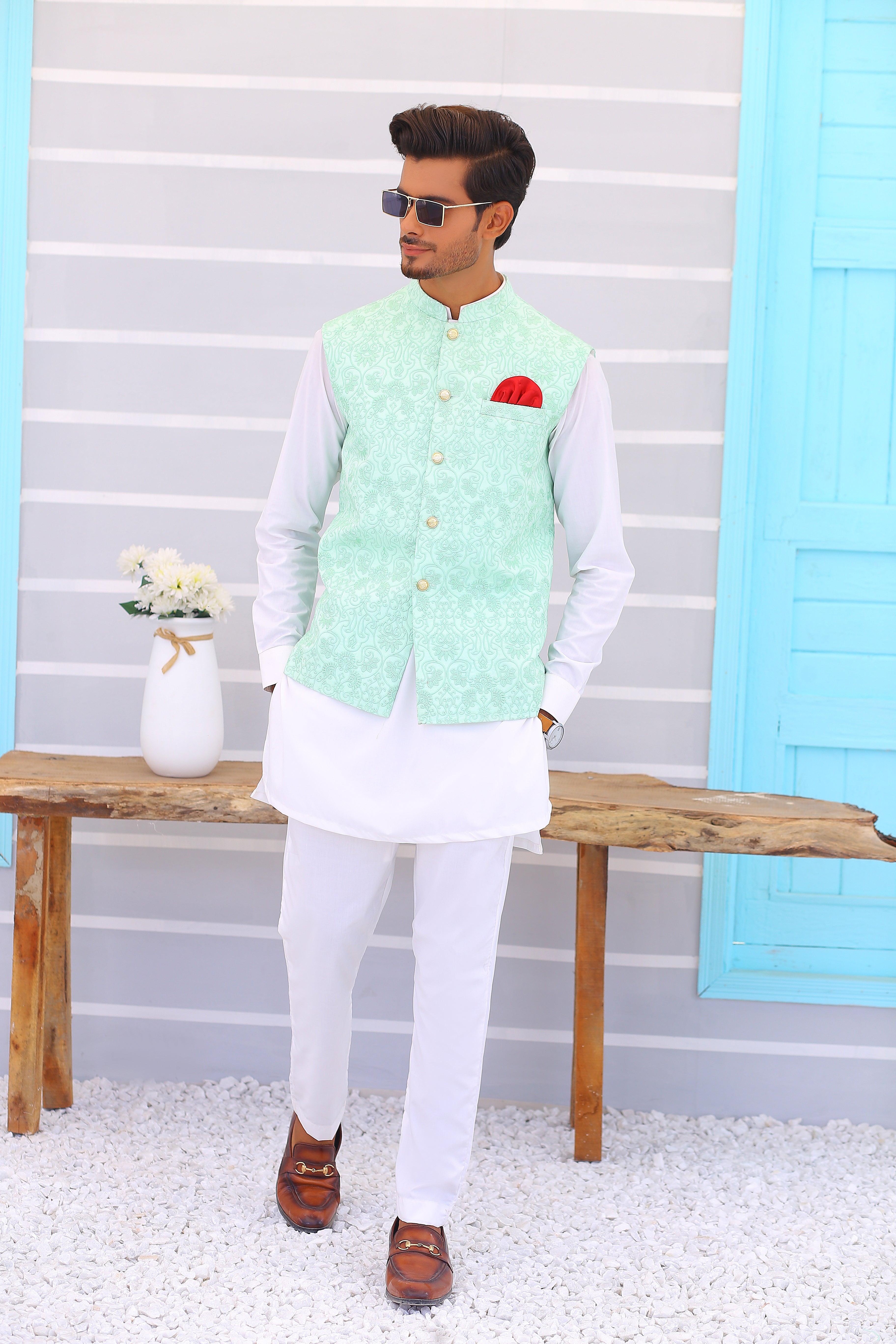 Light Blue Embroidered Waistcoat Kurta Set (3-Piece) - Image 4