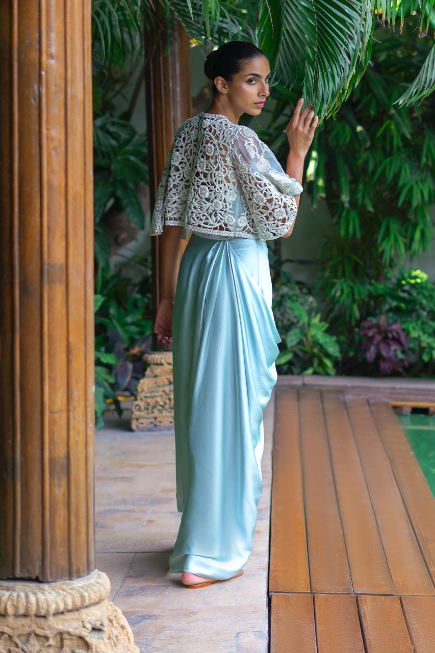 Ice Blue Cutwork Charmeuse Cape Dress (3-Piece) - Image 2