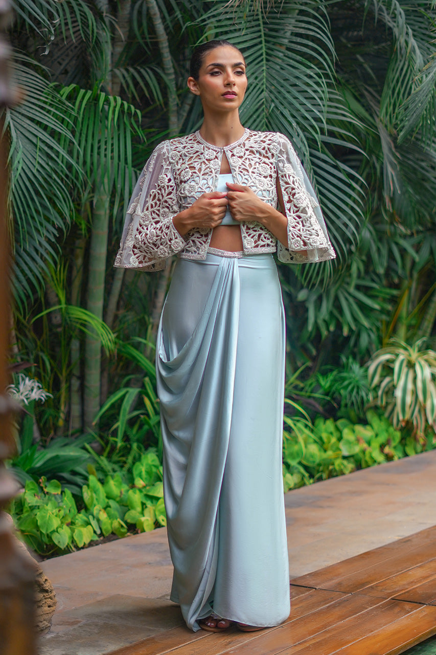 Ice Blue Cutwork Charmeuse Cape Dress (3-Piece) - Image 3