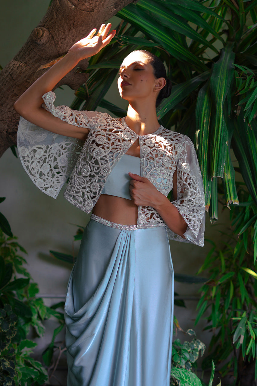 Ice Blue Cutwork Charmeuse Cape Dress (3-Piece) - Image 4