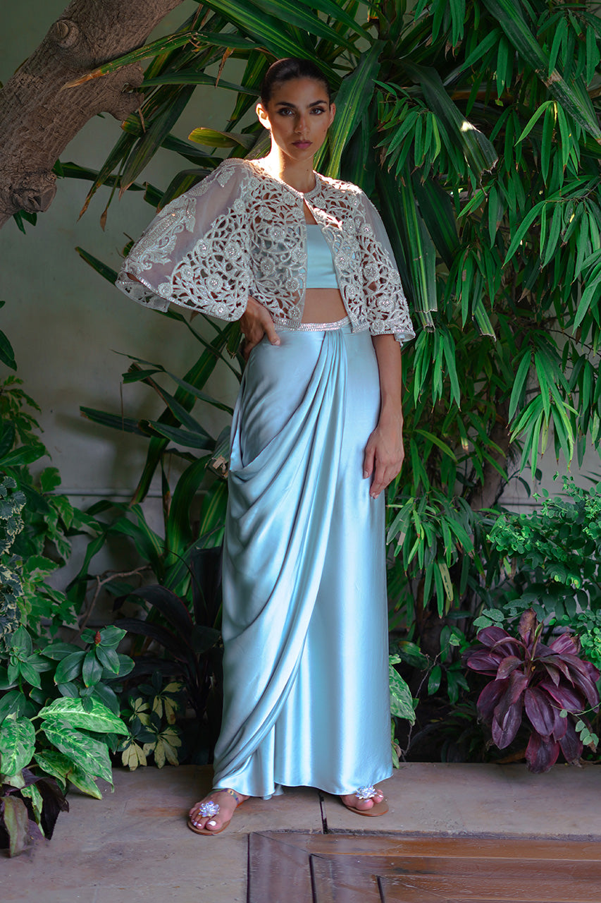 Ice Blue Cutwork Charmeuse Cape Dress (3-Piece) - Image 5