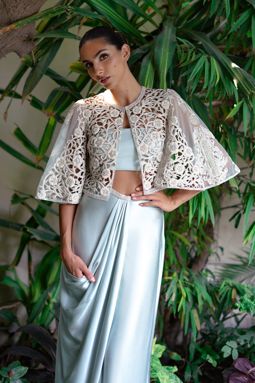 Ice Blue Cutwork Charmeuse Cape Dress (3-Piece) - Image 7