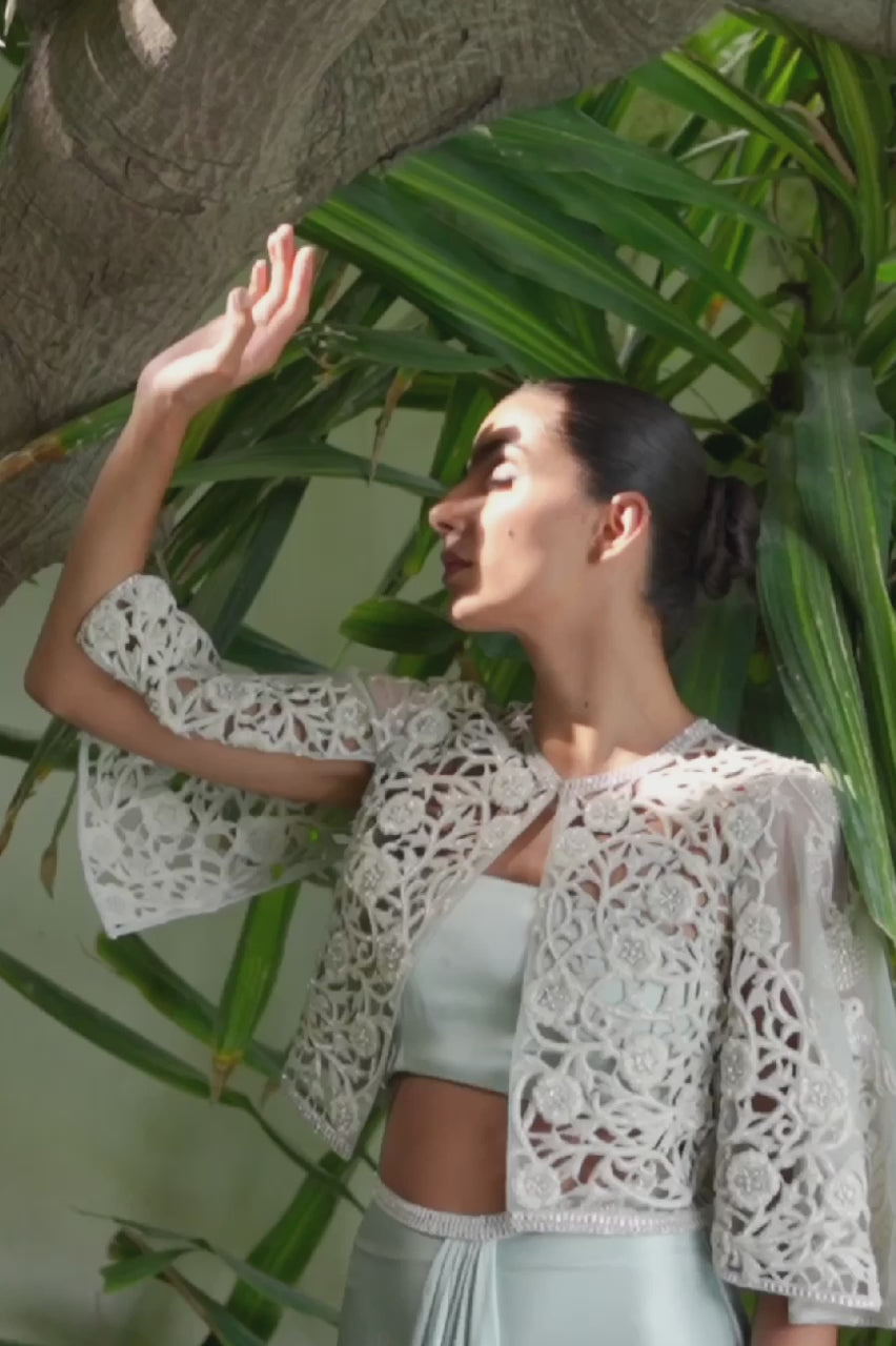 Ice Blue Cutwork Charmeuse Cape Dress (3-Piece) - Image 8