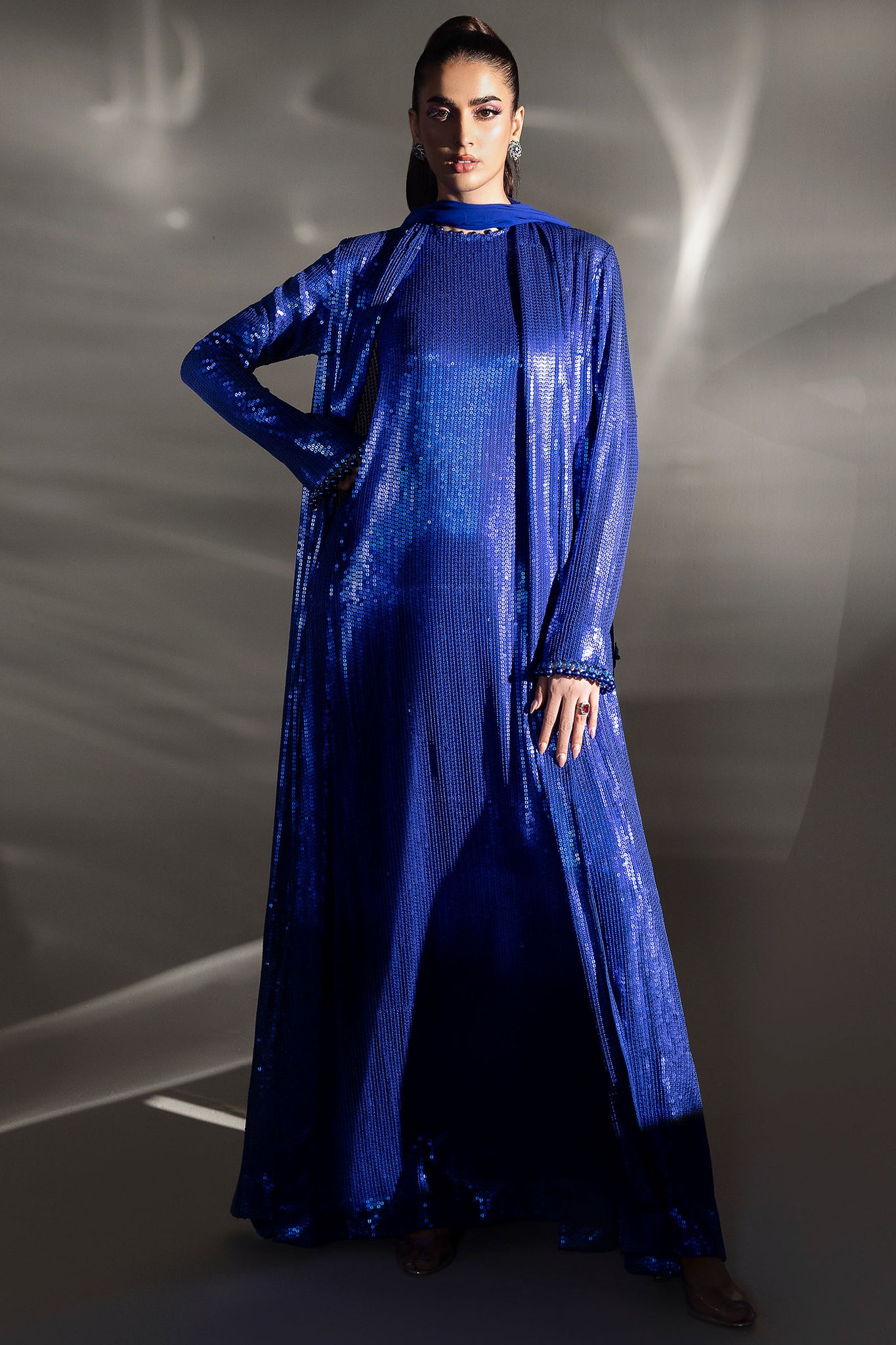 Pakistani Regal Blue Sequin & Pearl Chiffon Satin Cape Dress (2-Piece) - Image 2