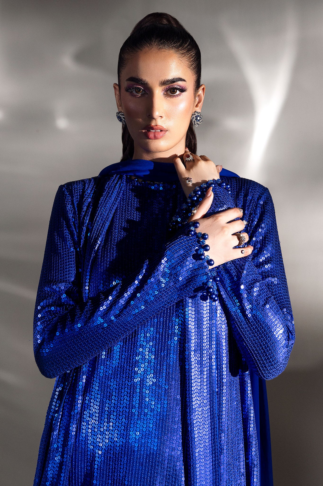 Pakistani Regal Blue Sequin & Pearl Chiffon Satin Cape Dress (2-Piece) - Image 3