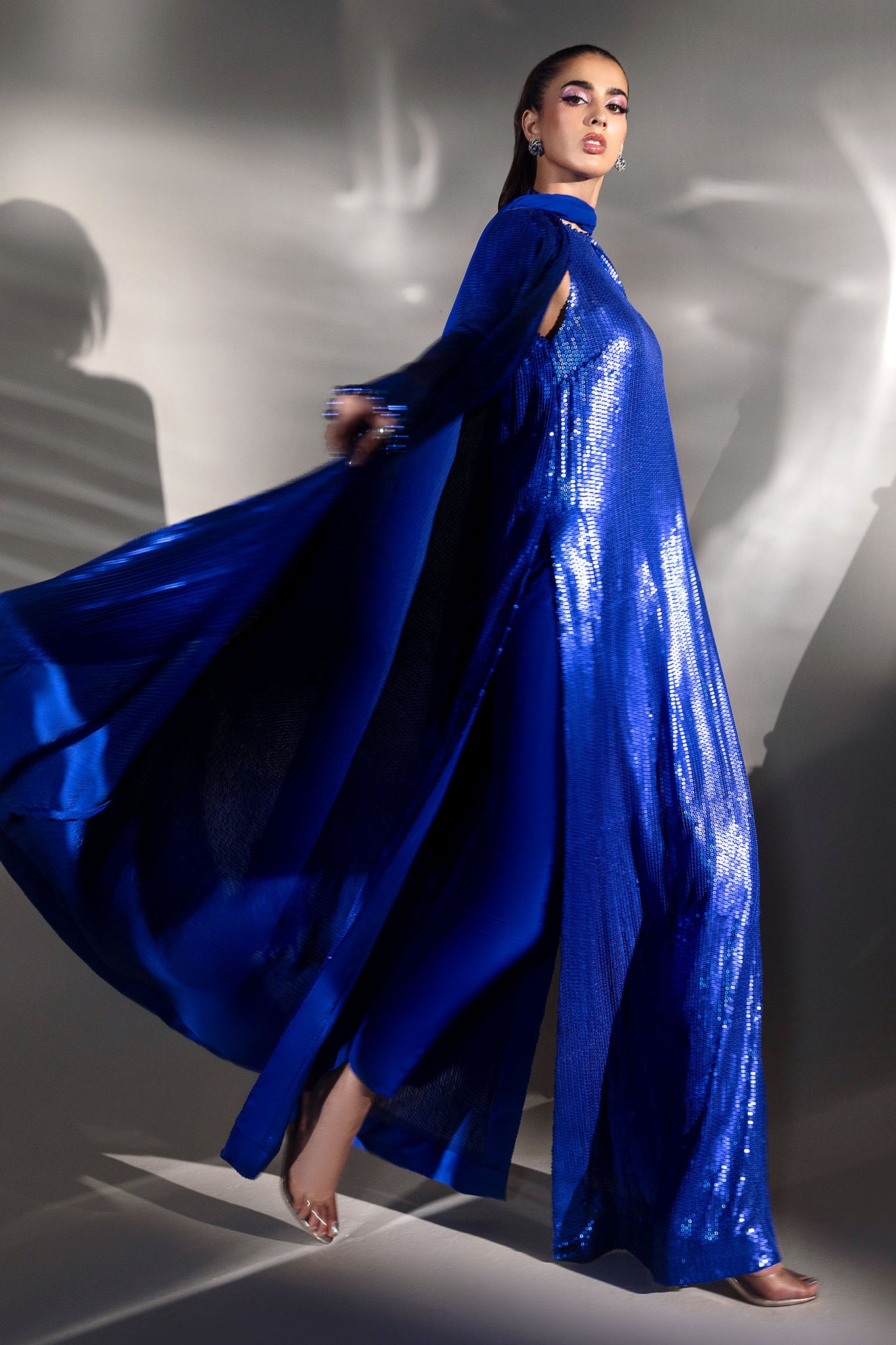 Pakistani Regal Blue Sequin & Pearl Chiffon Satin Cape Dress (2-Piece) - Image 4