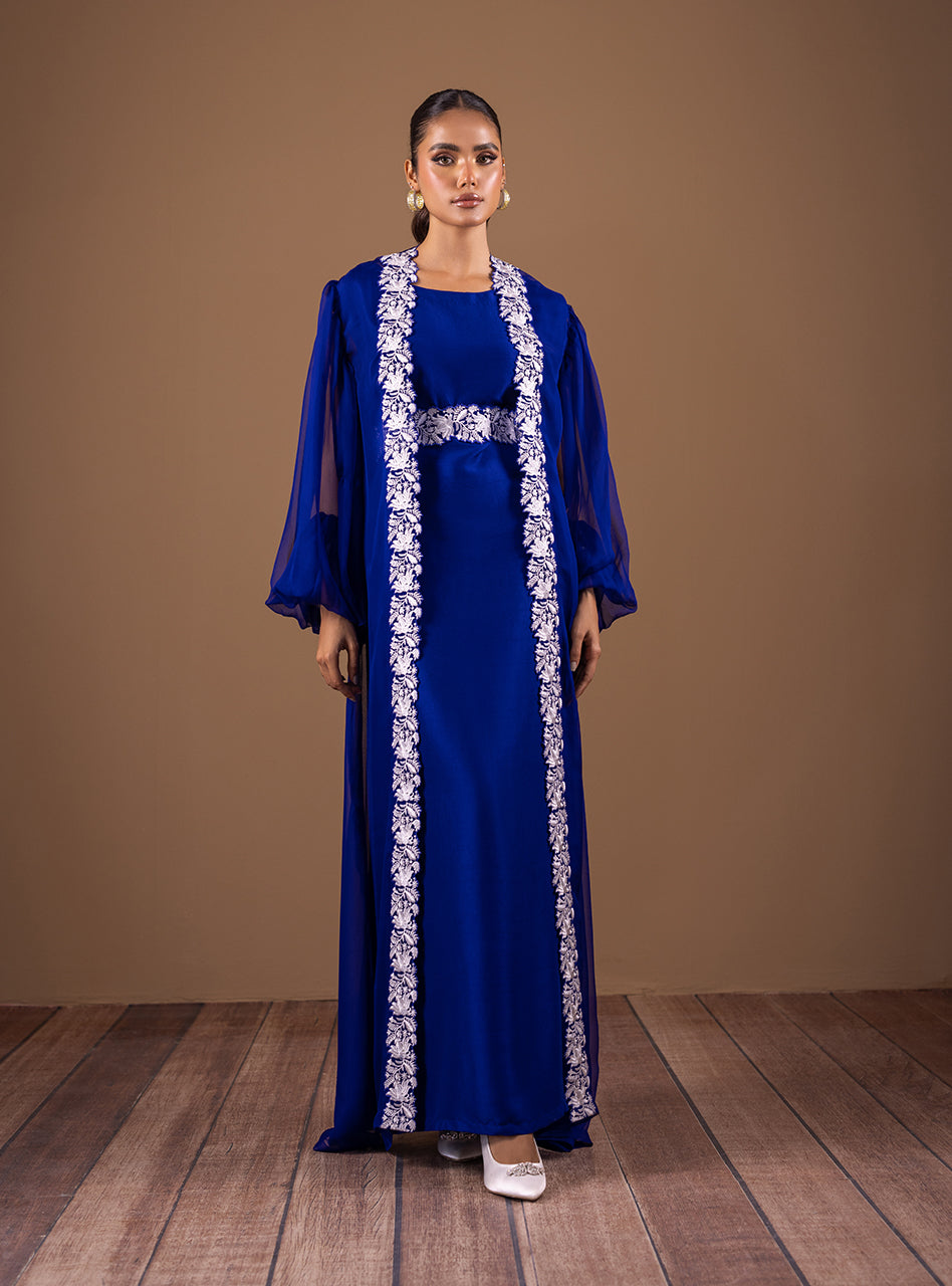 Pakistani Royal Blue Lace Embroidered Satin Cape Dress (2-Piece) - Image 4