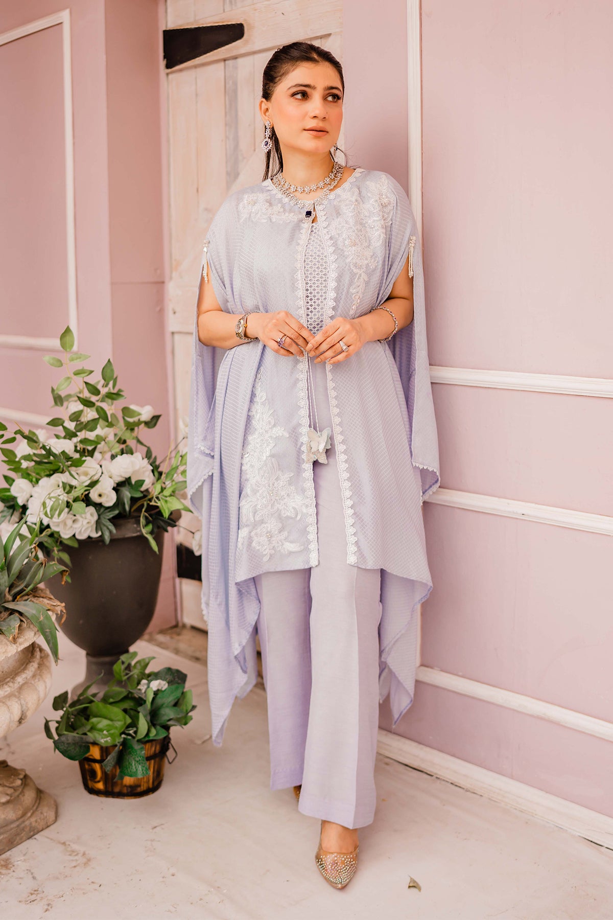 Pakistani Periwinkle Blue Embroidered Silk Cape Co-ord Set (3-Piece) - Image 1