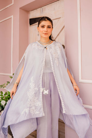 Pakistani Periwinkle Blue Embroidered Silk Cape Co-ord Set (3-Piece) - Image 4