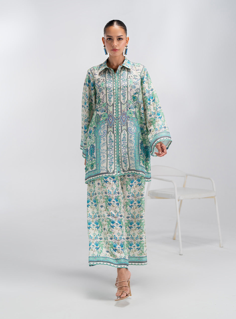 Blue and Green Printed Silk Co-ord Set (2-Piece) - Image 1