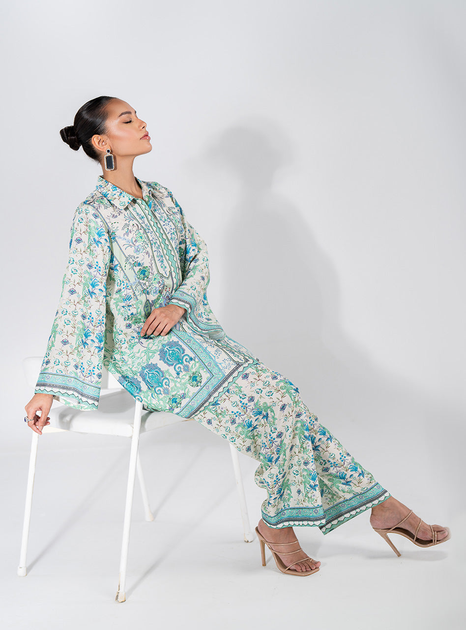 Blue and Green Printed Silk Co-ord Set (2-Piece) - Image 2