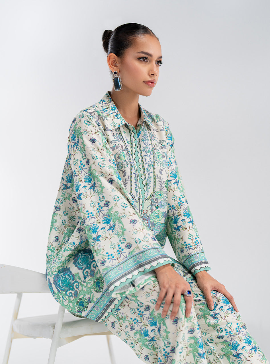Blue and Green Printed Silk Co-ord Set (2-Piece) - Image 4