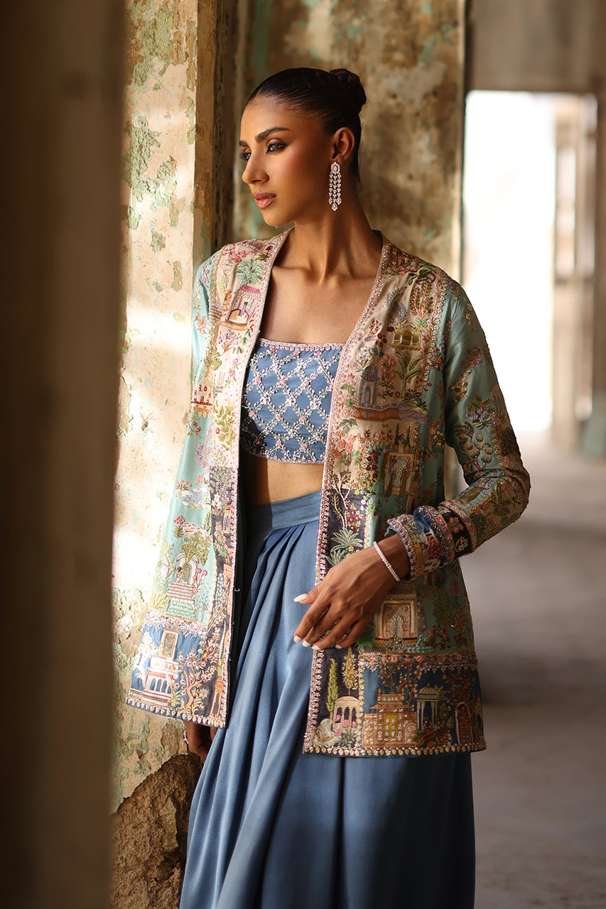 Indian Blue Embroidered Raw Silk Jacket & Draped Skirt (3-Piece) - Image 2