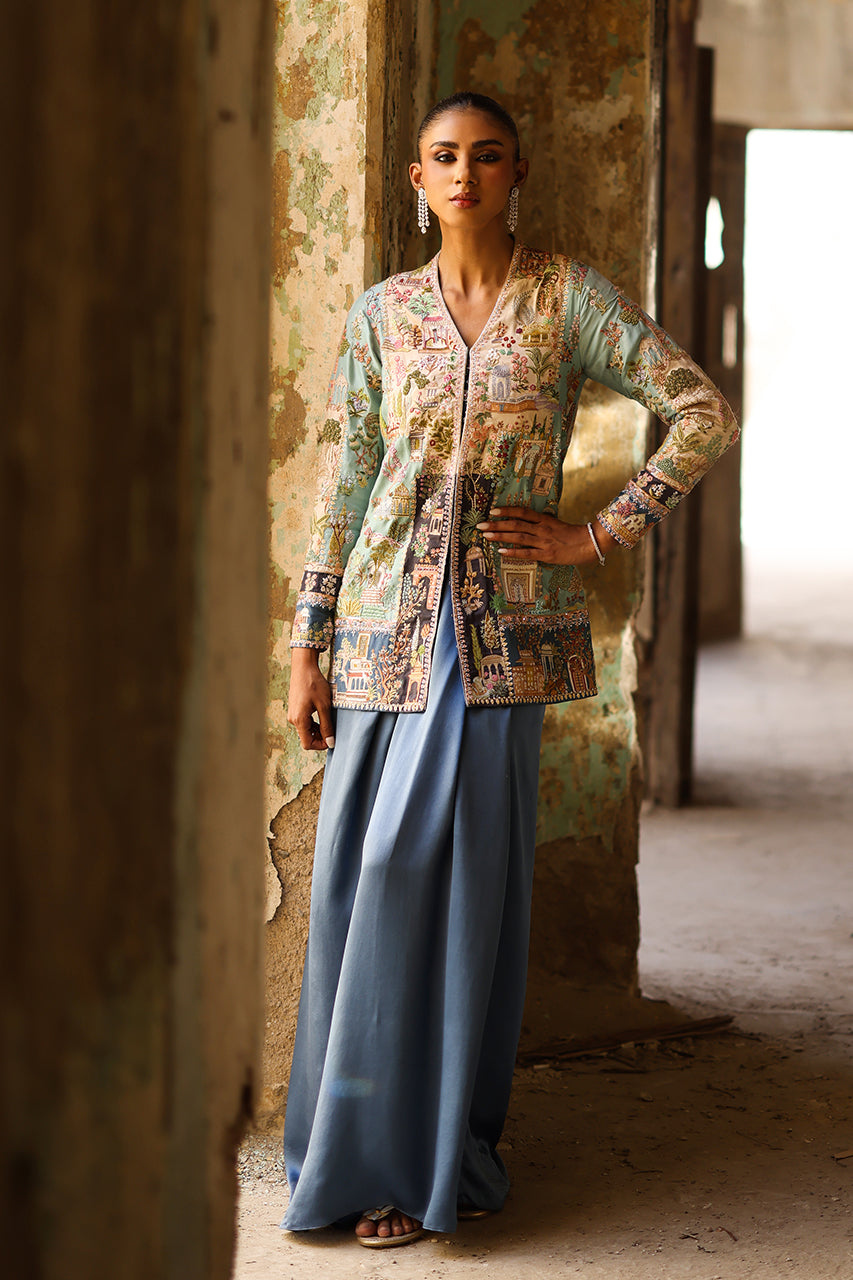 Indian Blue Embroidered Raw Silk Jacket & Draped Skirt (3-Piece) - Image 6