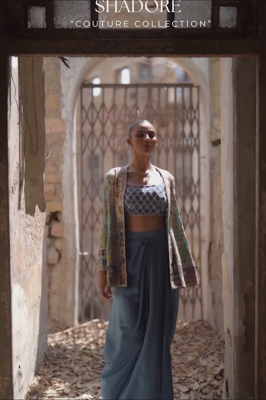 Indian Blue Embroidered Raw Silk Jacket & Draped Skirt (3-Piece) - Image 7