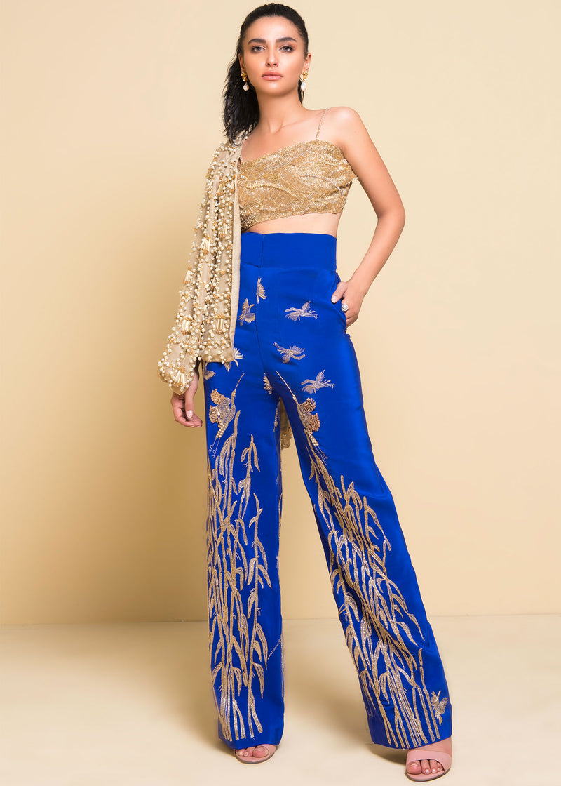 Electric Blue Embroidered Tissue & Rawsilk 3-Piece Set - Image 1