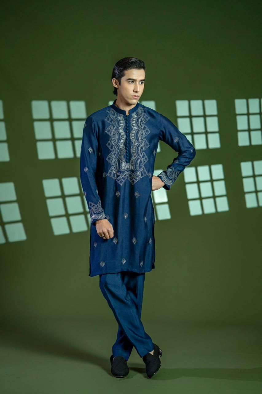 Deep Blue Embroidered Cotton Net Kurta (2-Piece) - Image 6