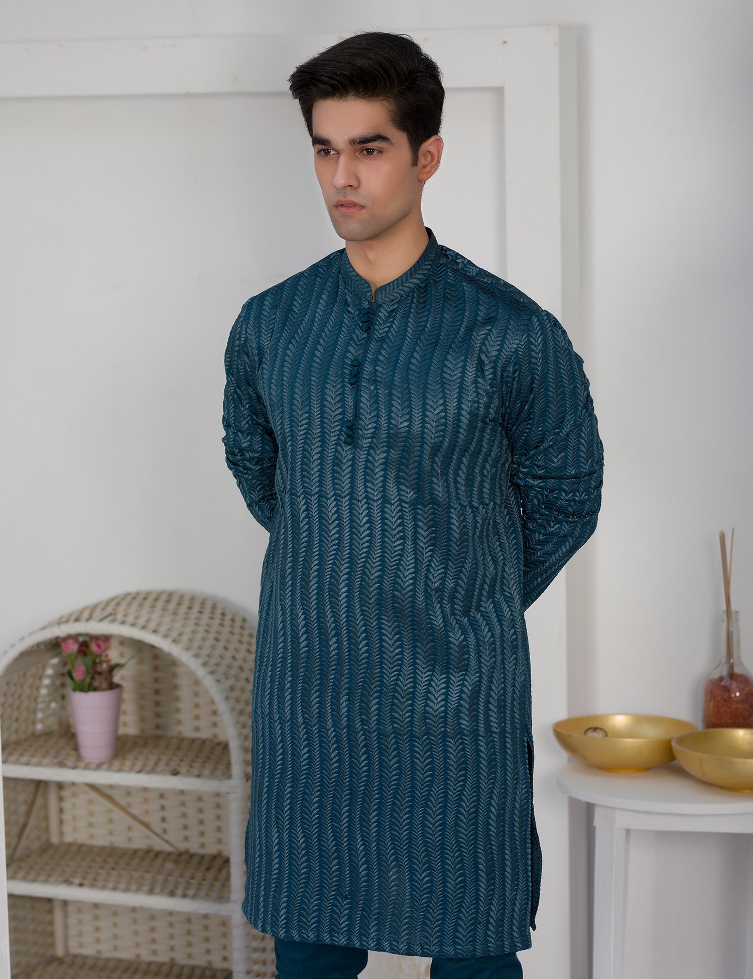 Blue Embroidered Cotton Kurta Set (2-Piece) - Image 4