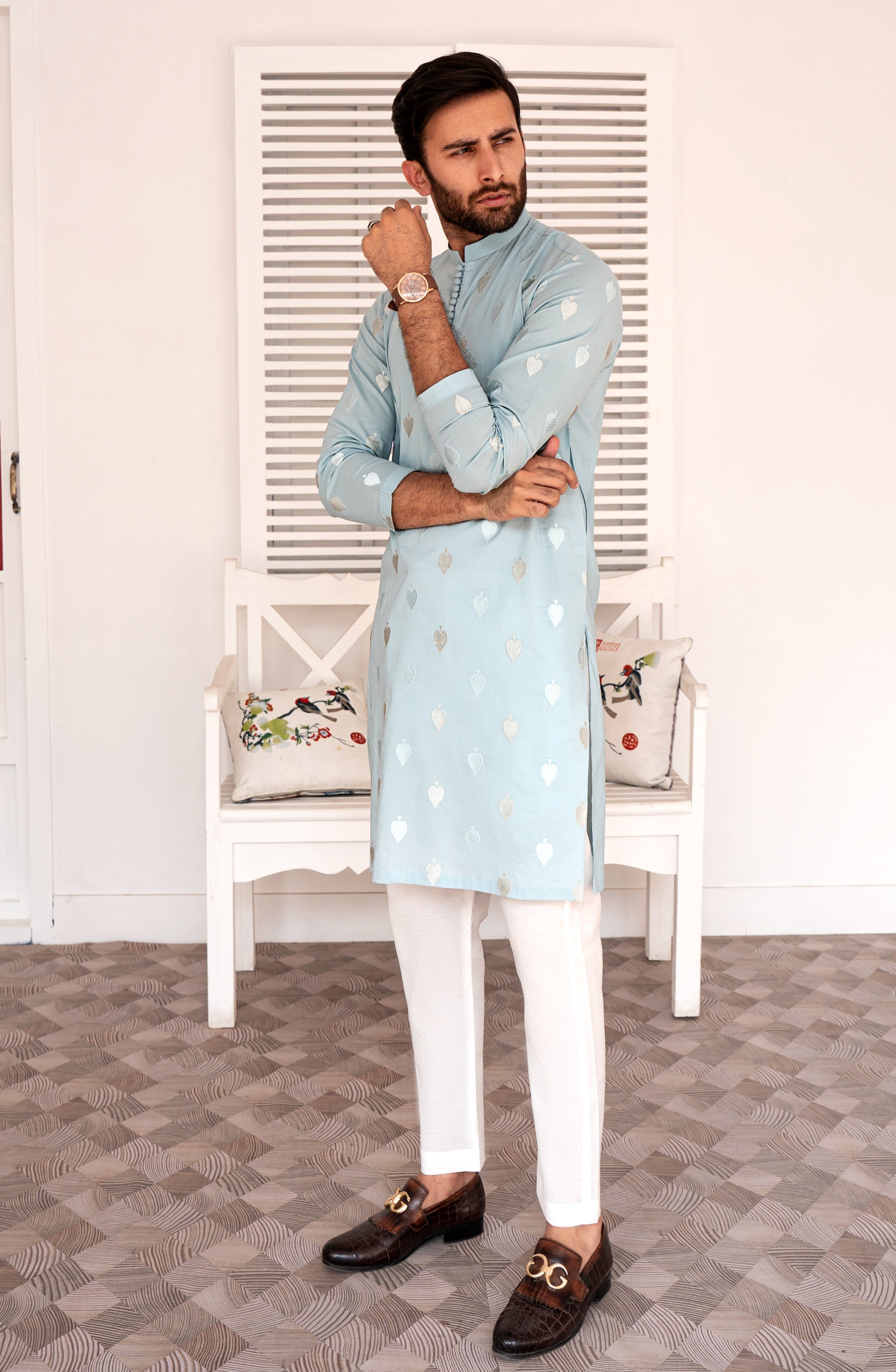 Aqua Blue Embroidered Cotton Kurta Pajama (2-Piece) - Image 1