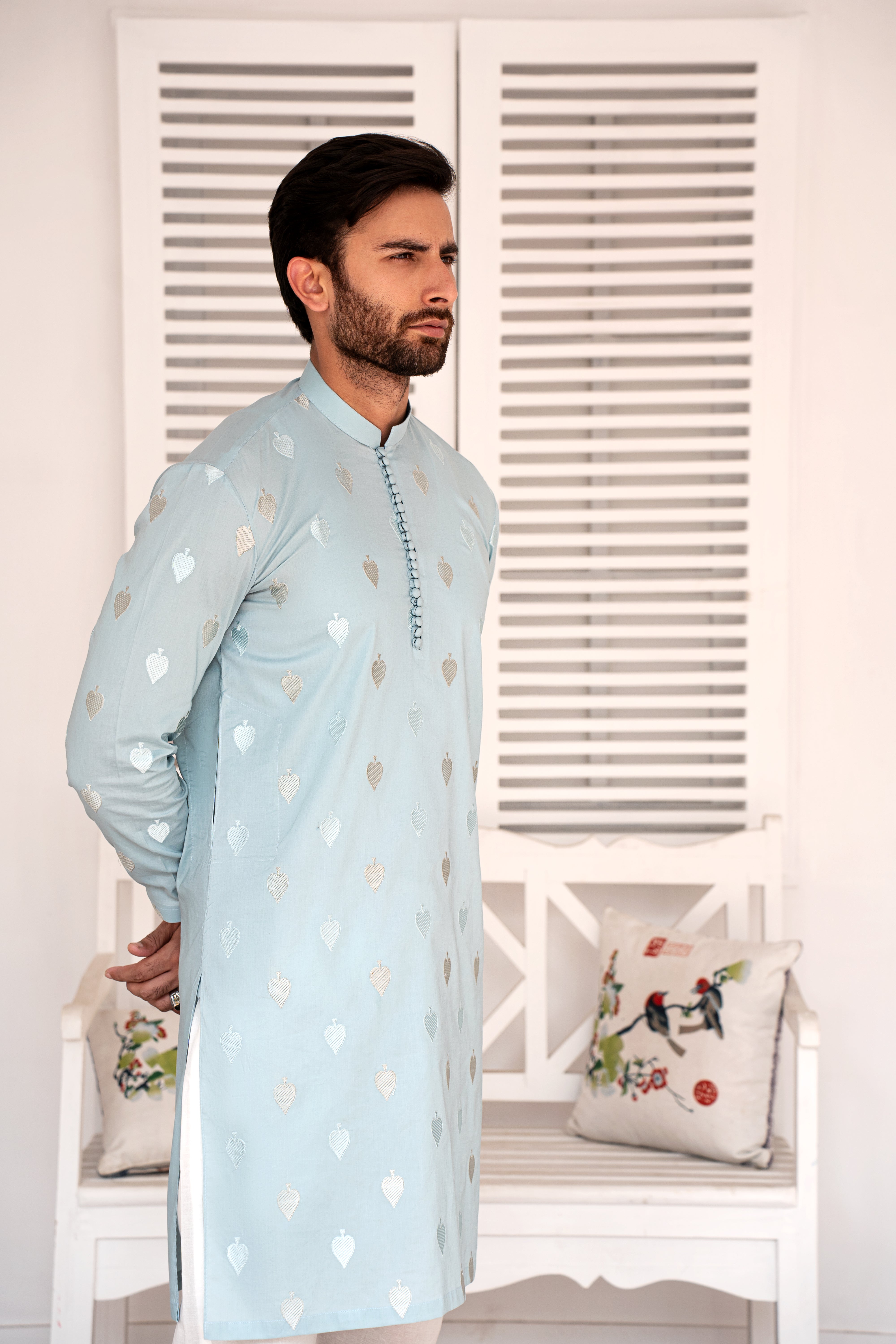 Aqua Blue Embroidered Cotton Kurta Pajama (2-Piece) - Image 3