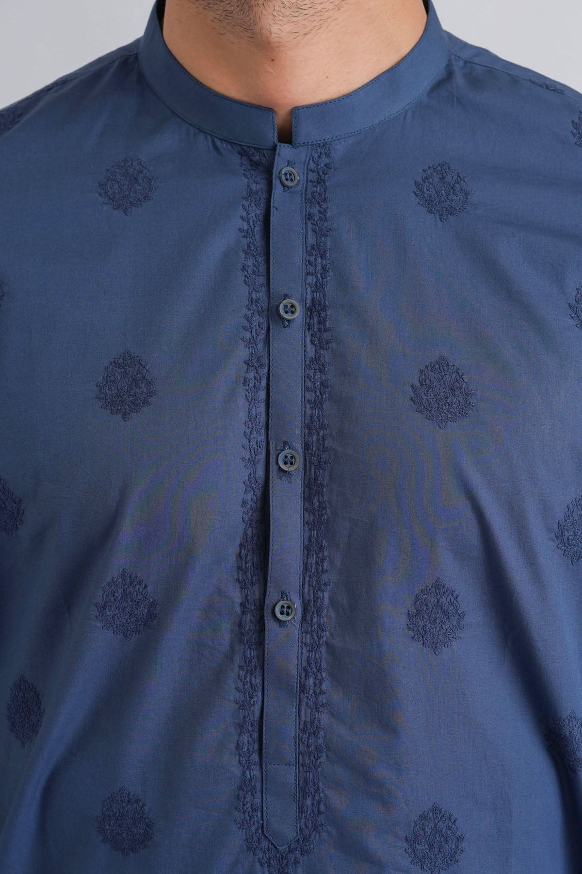 Blue Embroidered Egyptian Cotton Kurta (2-Piece) - Image 2