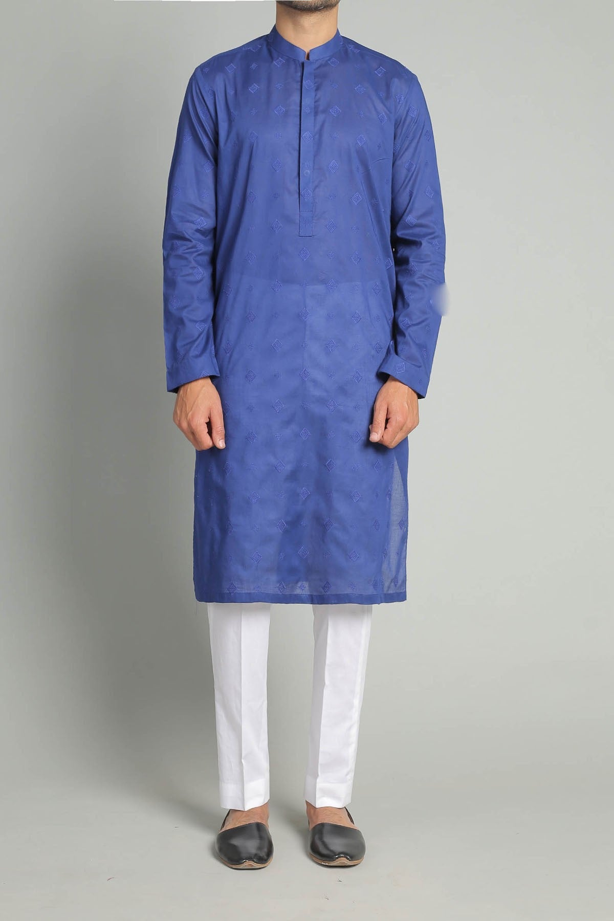 Blue Embroidered Egyptian Cotton Kurta (2-Piece) - Image 1