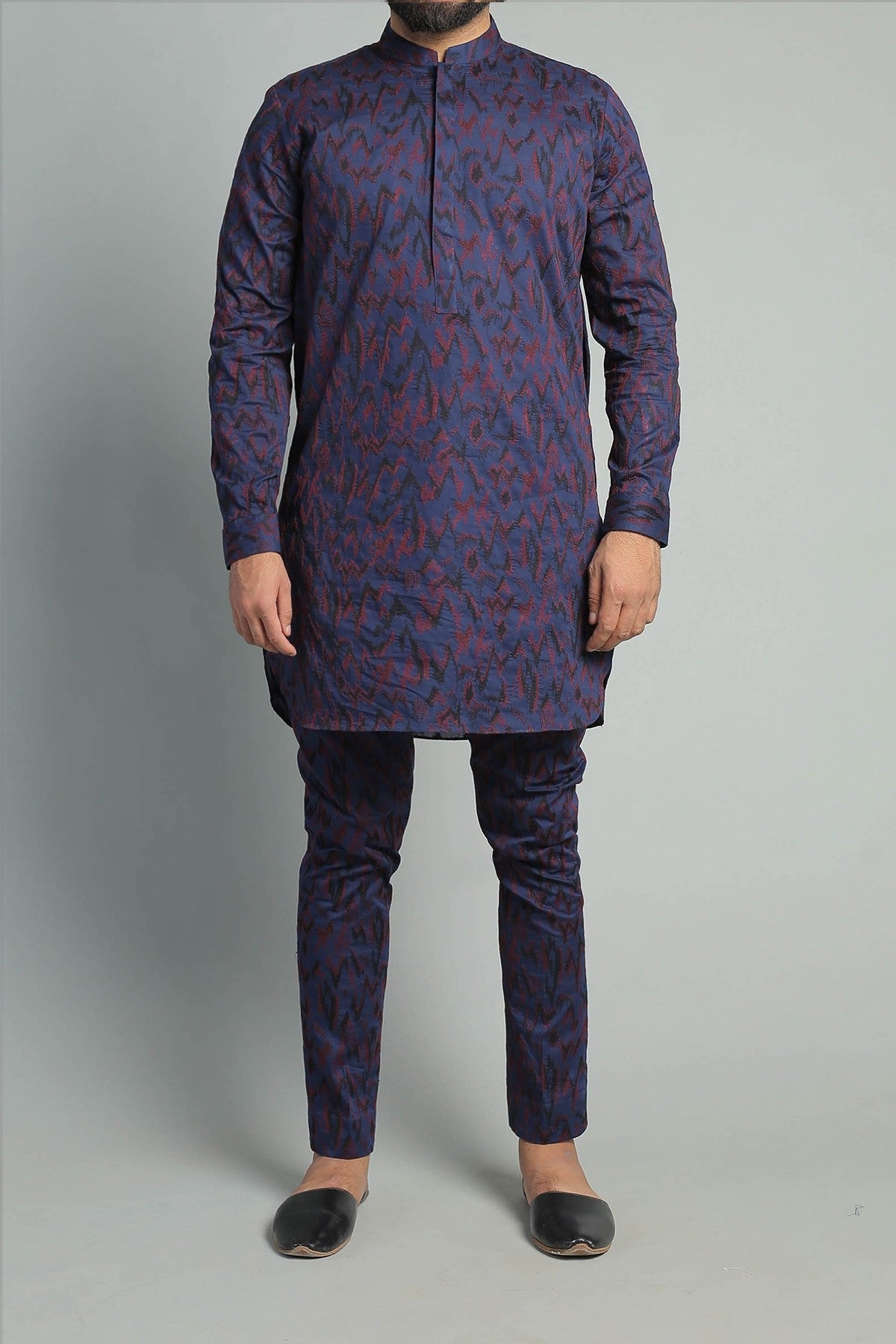 Blue Maroon Embroidered Egyptian Cotton Kurta (2-Piece) - Image 1