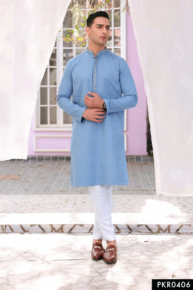 Blue Adda Embroidered Jacquard Cotton Kurta (2-Piece) - Image 1