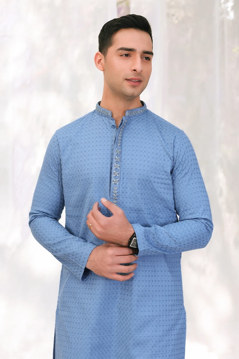 Blue Adda Embroidered Jacquard Cotton Kurta (2-Piece) - Image 2
