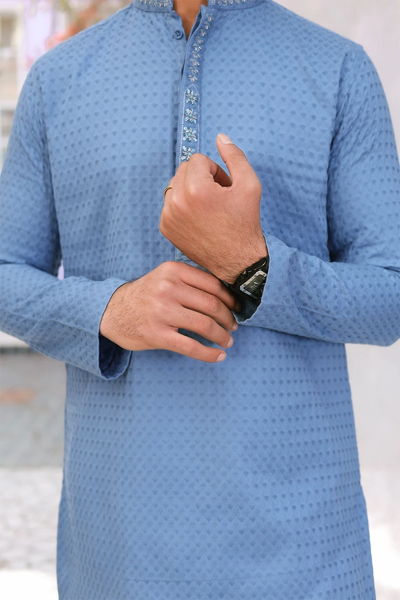 Blue Adda Embroidered Jacquard Cotton Kurta (2-Piece) - Image 3