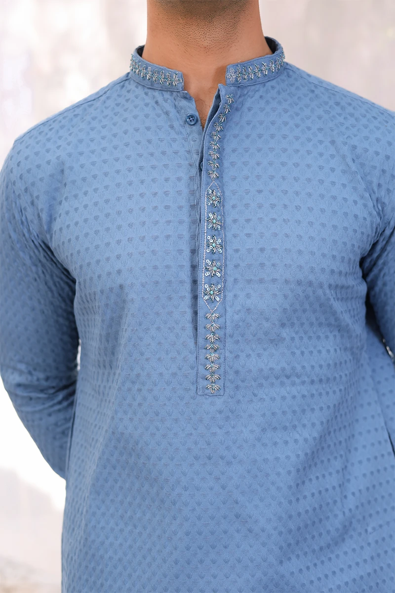 Blue Adda Embroidered Jacquard Cotton Kurta (2-Piece) - Image 4