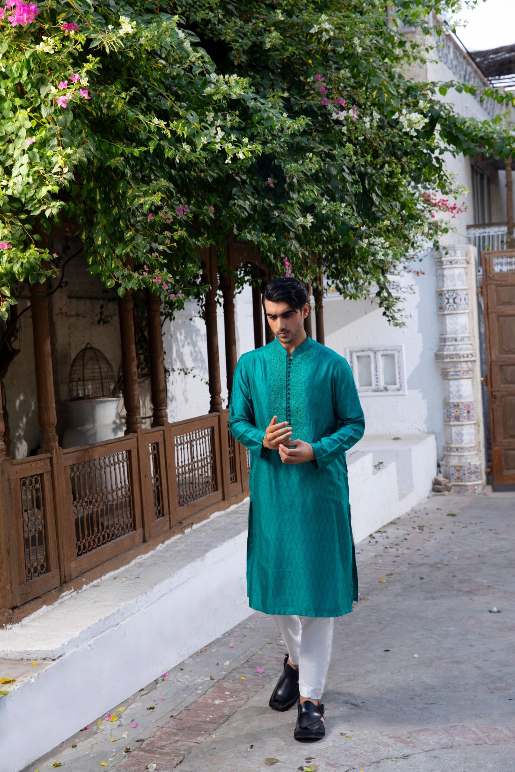Ocean Blue Embroidered Jacquard Kurta (2-Piece) - Image 1