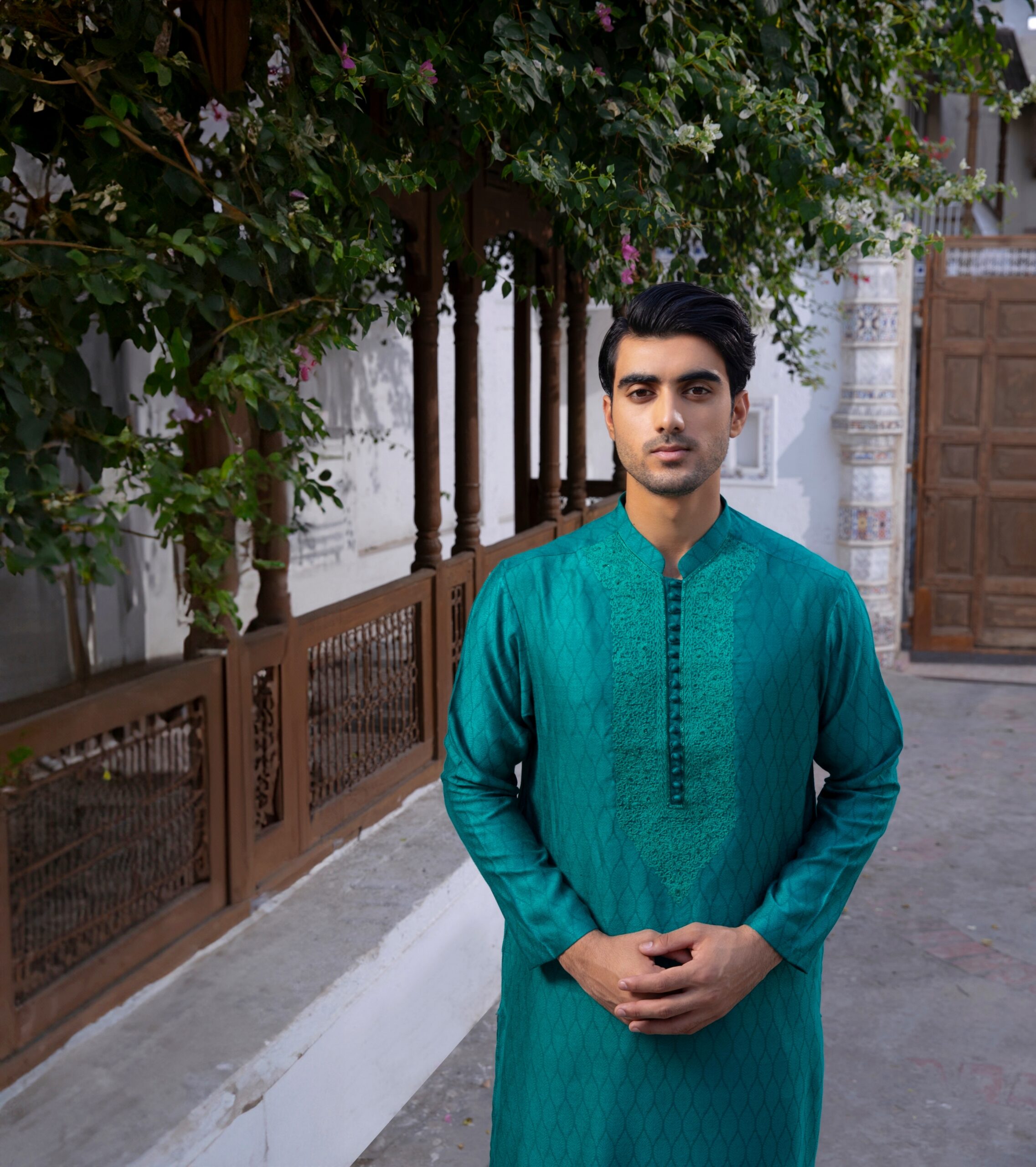Ocean Blue Embroidered Jacquard Kurta (2-Piece) - Image 2