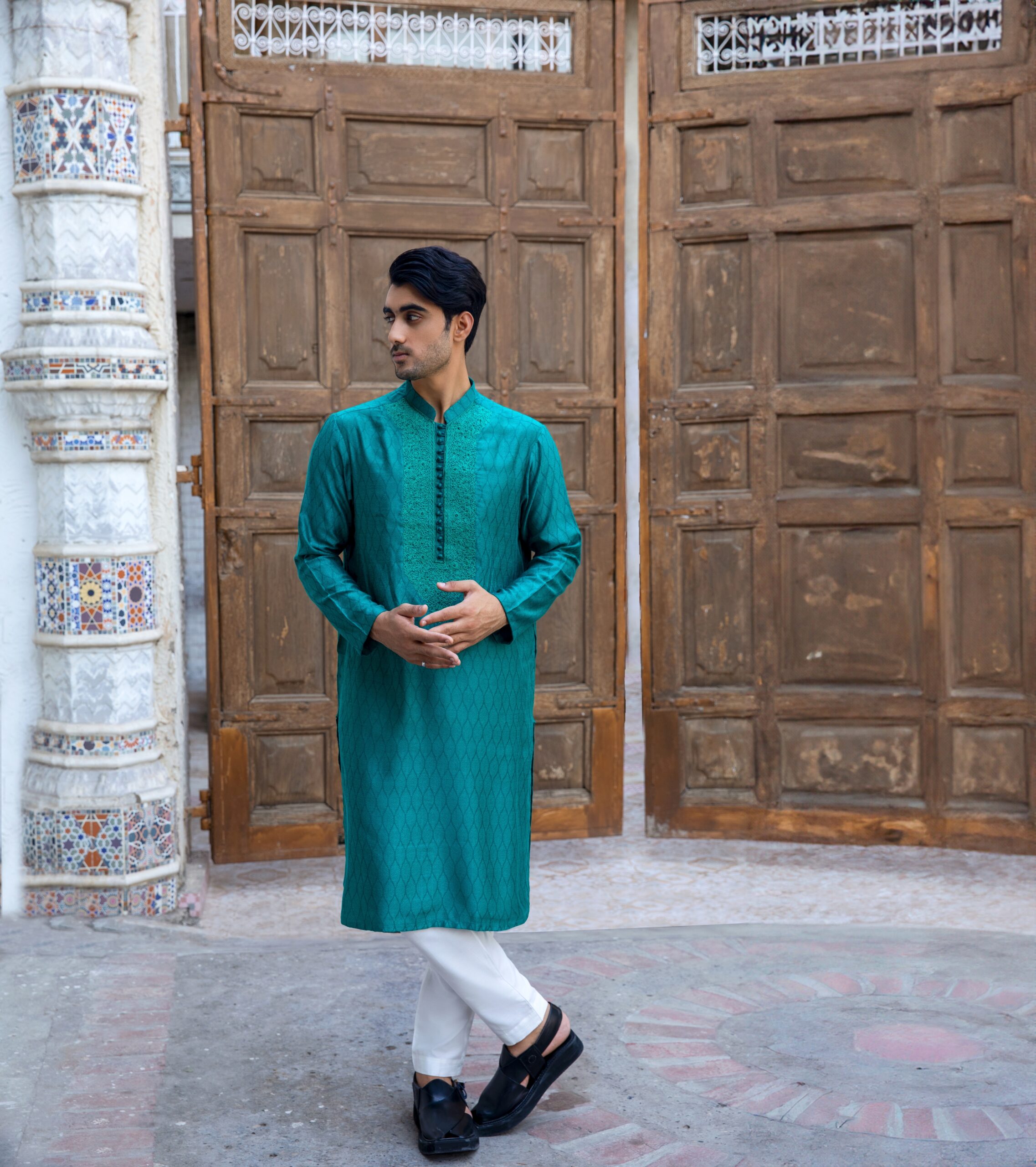 Ocean Blue Embroidered Jacquard Kurta (2-Piece) - Image 3
