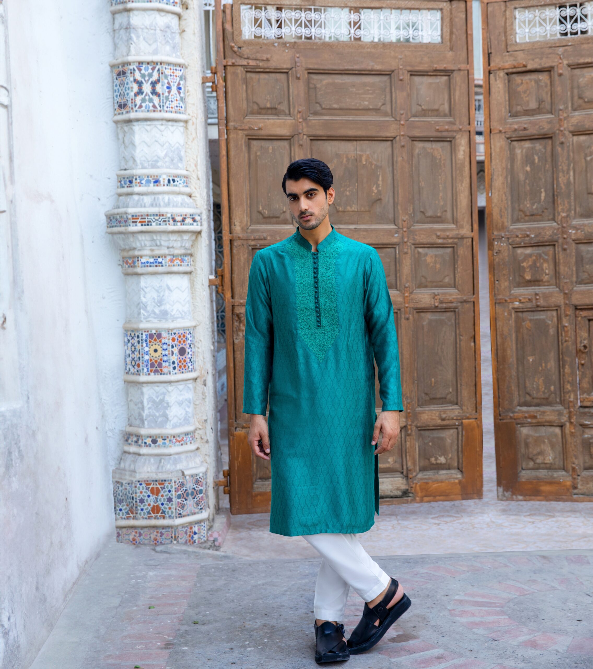 Ocean Blue Embroidered Jacquard Kurta (2-Piece) - Image 4