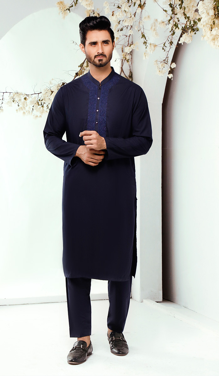 Denim Blue Embroidered Mix Fabric Kurta (2-Piece) - Image 1