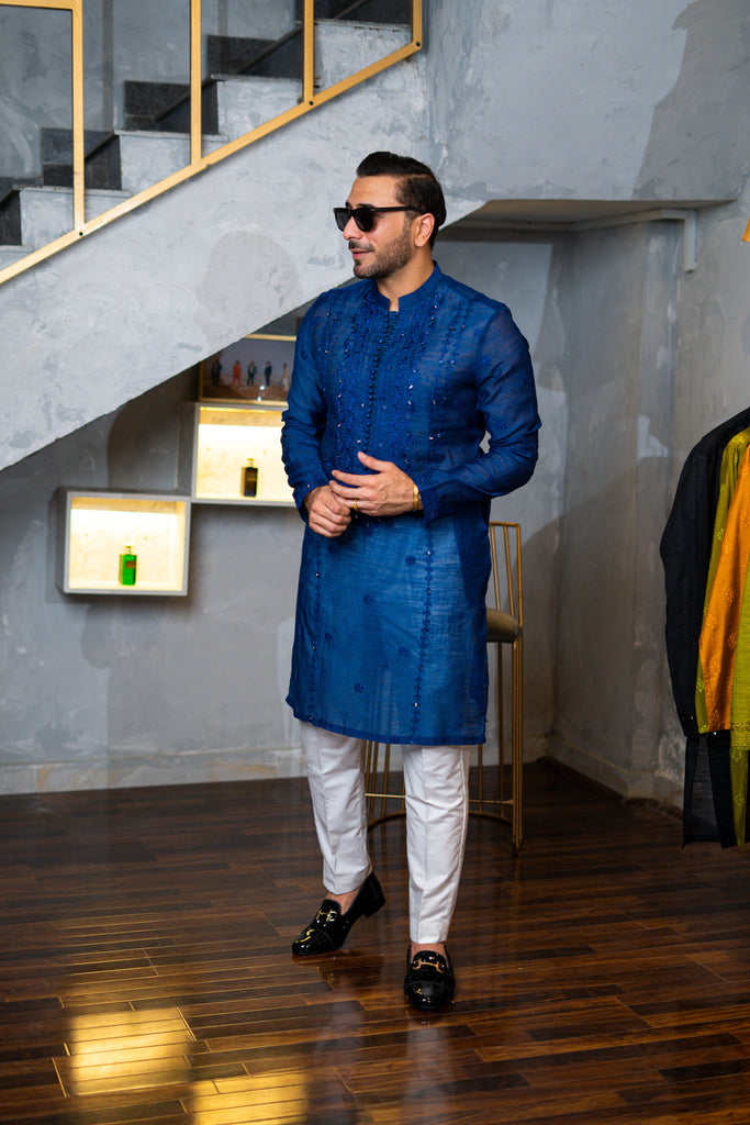 Deep Blue Mirror Work Silk-Blend Kurta (2-Piece) - Image 1