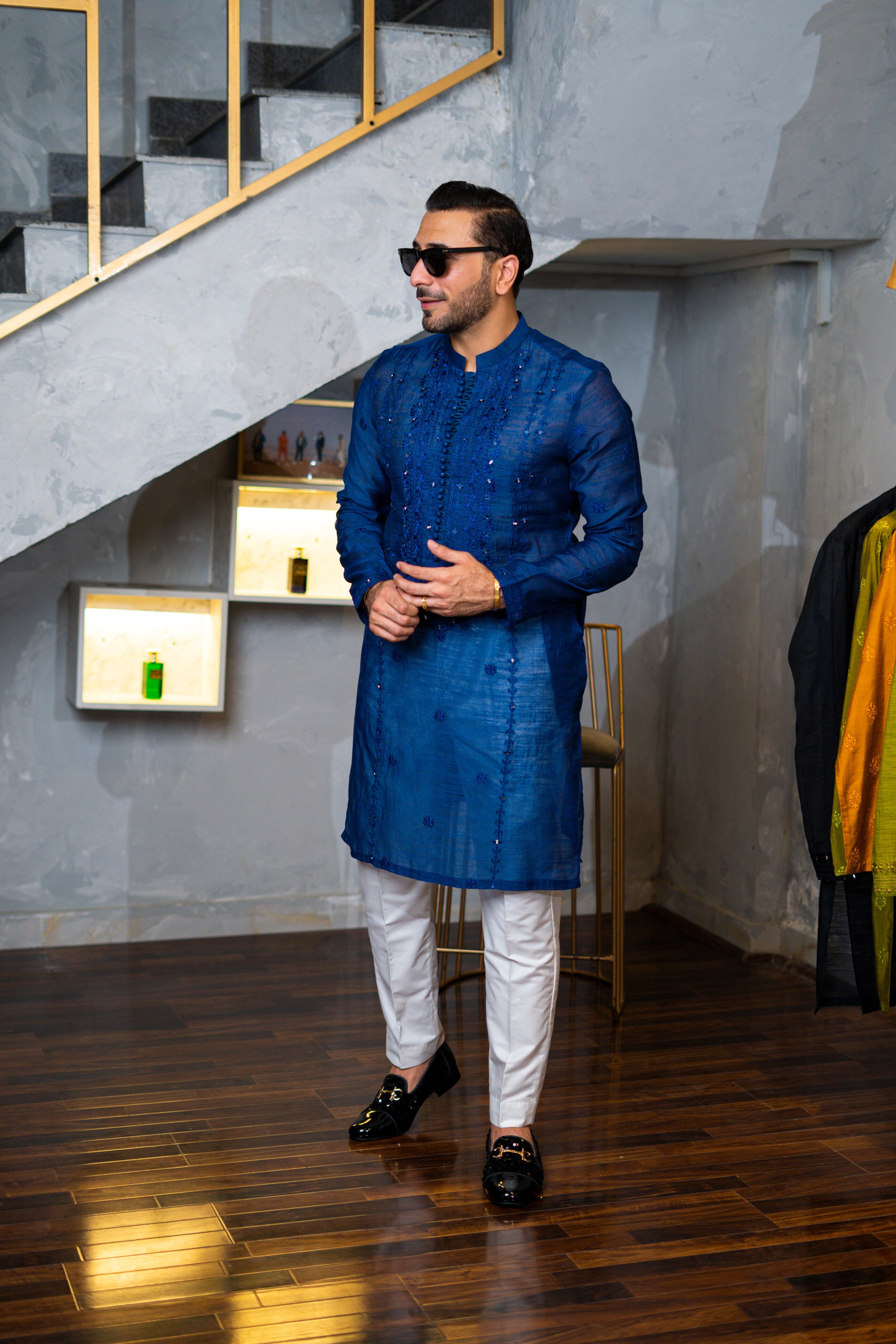 Deep Blue Mirror Work Silk-Blend Kurta (2-Piece) - Image 2