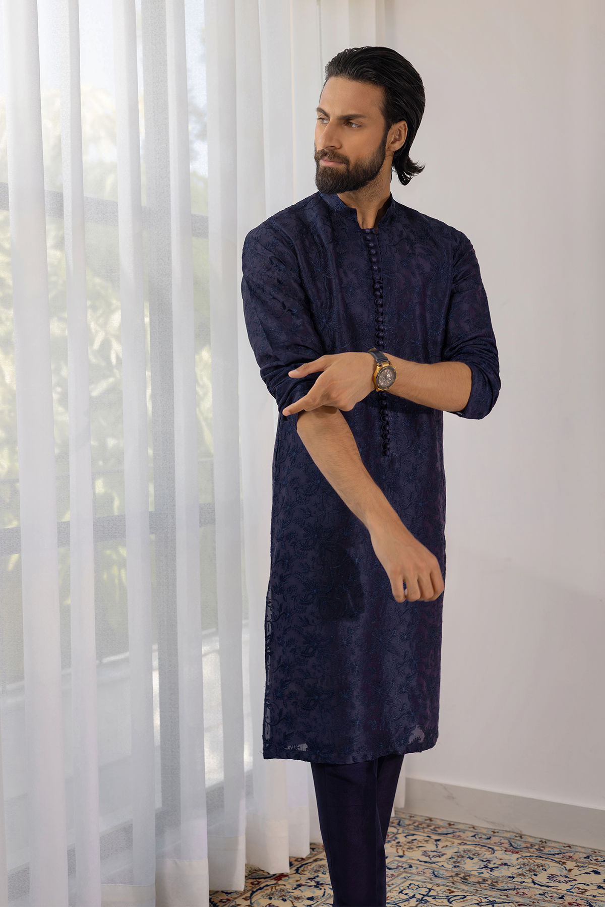 Midnight Blue Shadow Work Pure Silk Kurta (2-Piece) - Image 1