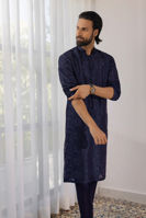 Midnight Blue Shadow Work Pure Silk Kurta (2-Piece) - Image 2