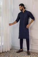 Midnight Blue Shadow Work Pure Silk Kurta (2-Piece) - Image 3